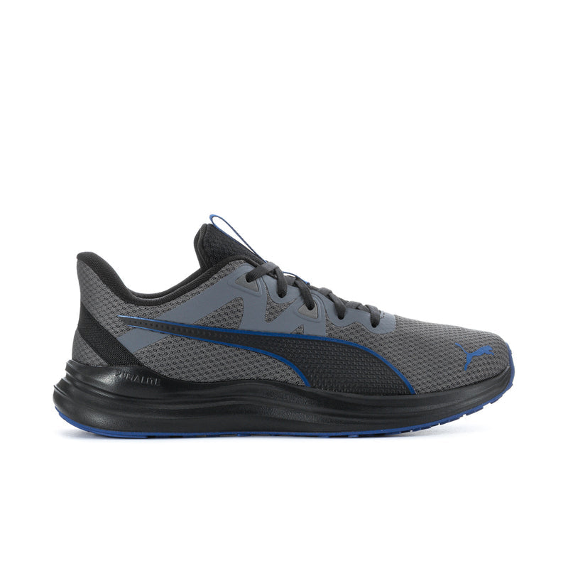 Men's lace-up running shoes, dark grey knit upper with blue accents and black midsole