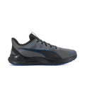 Men's lace-up running shoes, dark grey knit upper with blue accents and black midsole