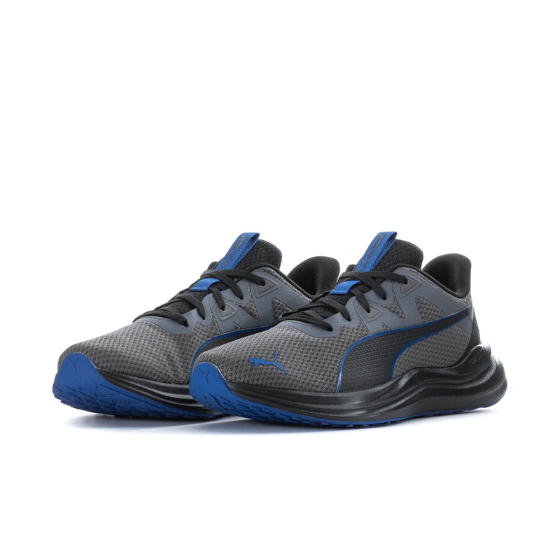 Men's low-top running shoes, dark grey mesh with blue panels, lace-up