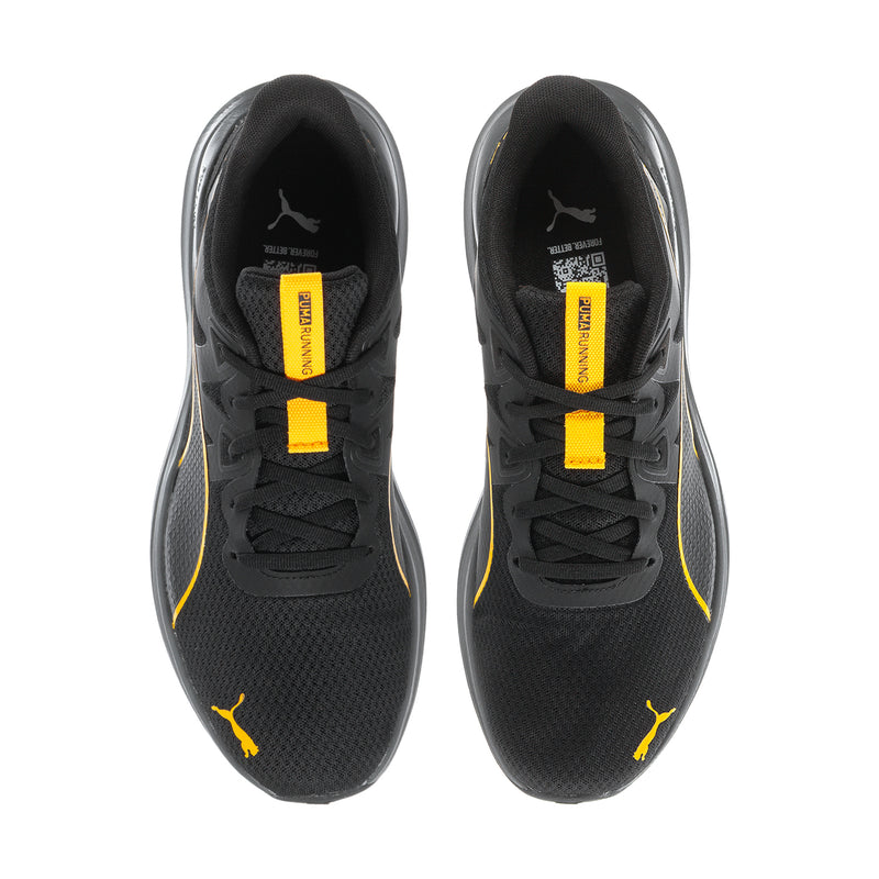 Men's black sneakers with yellow lace tabs and mesh upper, front view