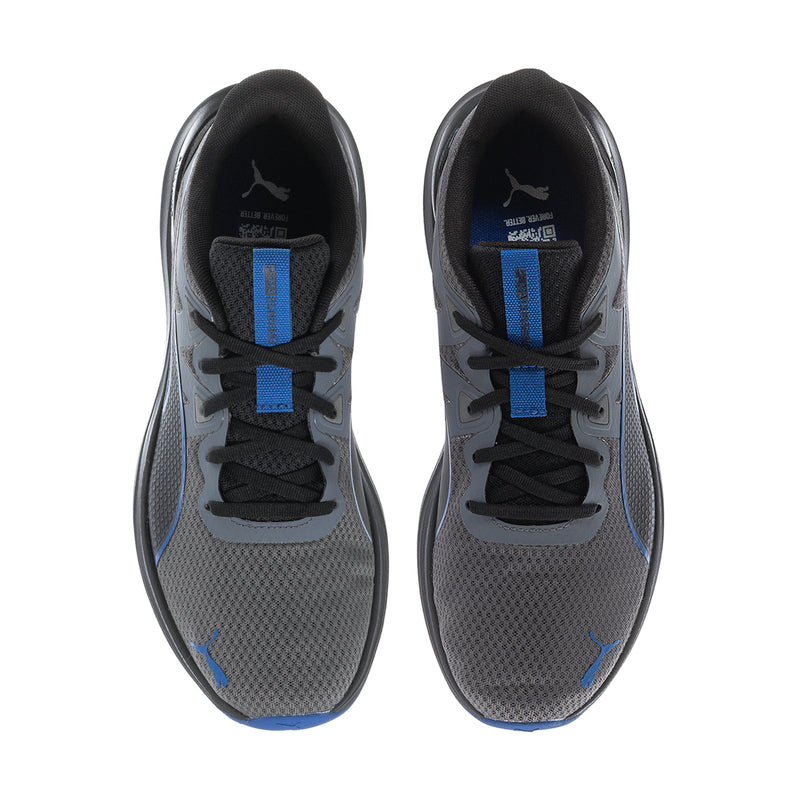Men's running shoes, view of two gray uppers with blue lacing accents and black trim