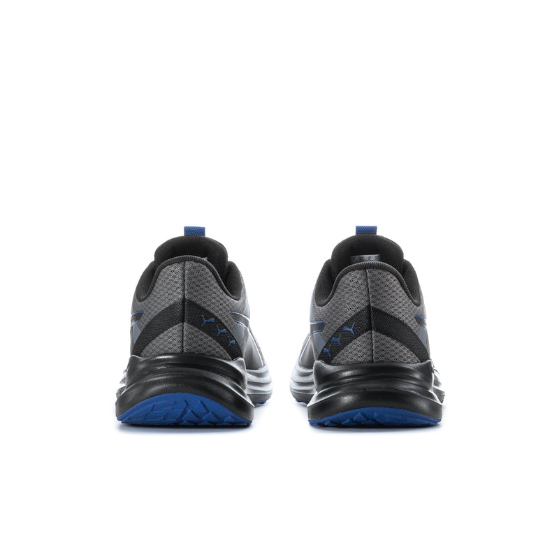 Men's running shoes, heel view with black support, blue detailing, and cushioned soles