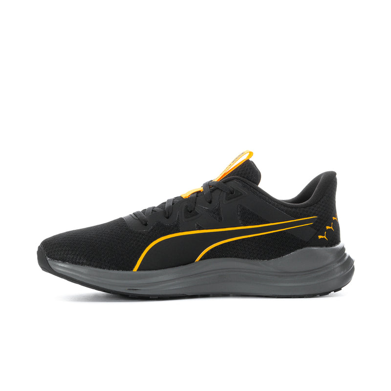 Men's black running shoes with yellow stripe and Puma logo at side