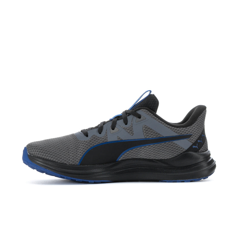 Men's lace-up running shoes, side view in dark grey with blue swoosh and black sole