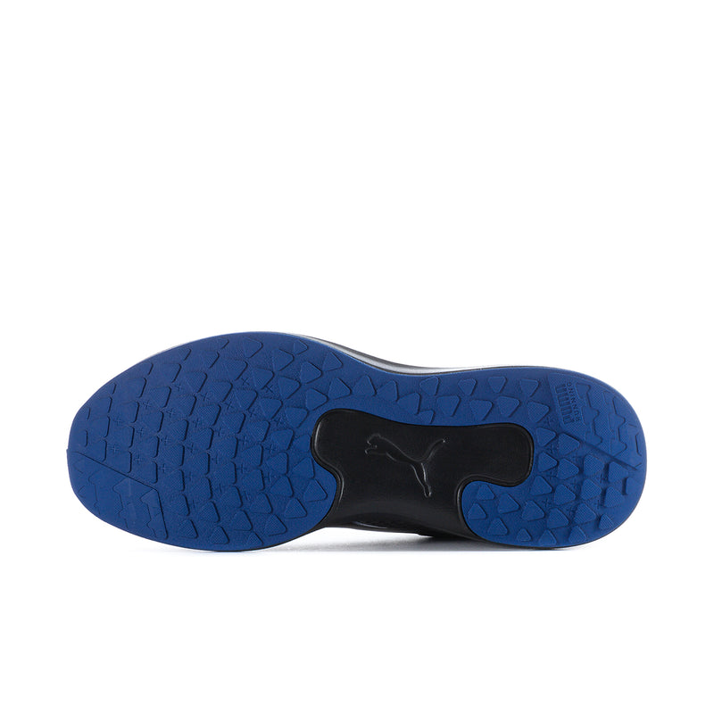 Men's shoe outsole, blue rubber tread with black and blue heel insert details