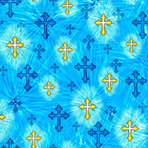 Religious Fabric, Cross Fabric, Gold and Blue Crosses 3746 - Beautiful Quilt