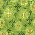 Religious Fabric, Cross Fabric, Gold and Green Crosses 3746 - Beautiful Quilt