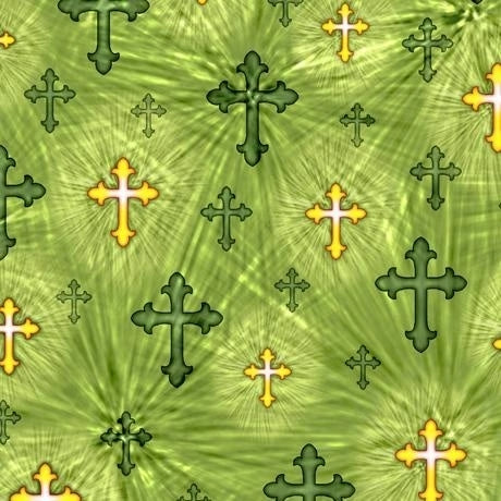 Religious Fabric, Cross Fabric, Gold and Green Crosses 3746 - Beautiful Quilt