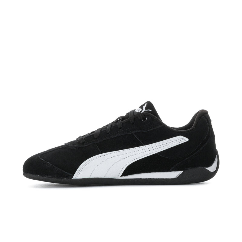 Men's black low-top sneakers with white side stripe, lace-up closure.