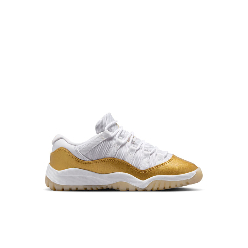 Kids low-top sneakers in white with gold side panel and lace-up design