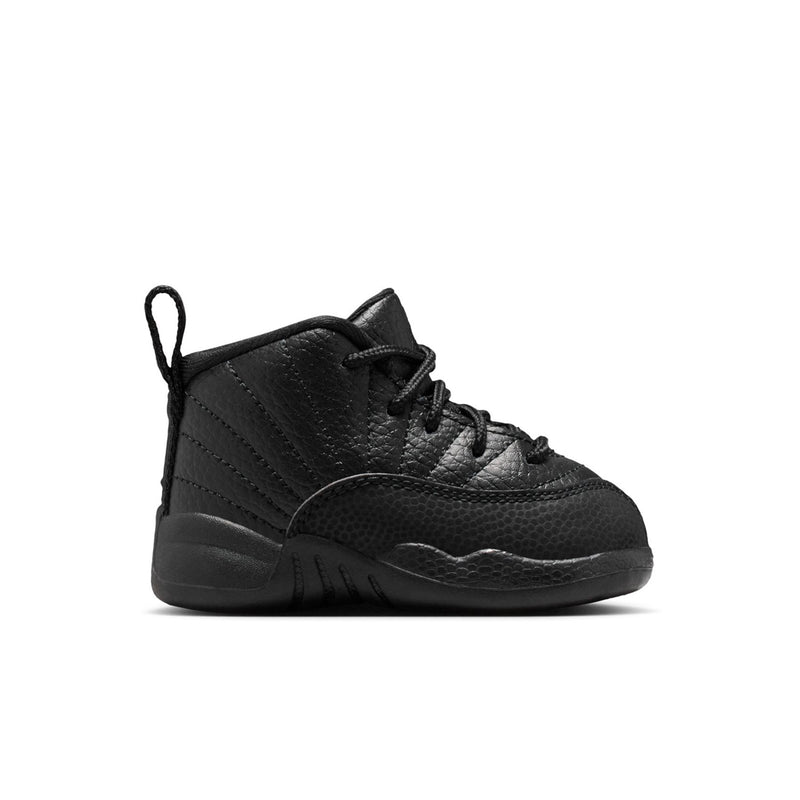 Black toddler high-top sneakers with lace-up, stitched panels, and rubber sole