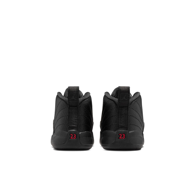 Black toddler high-top sneakers with red '23' on heel, lace-up, and rubber sole