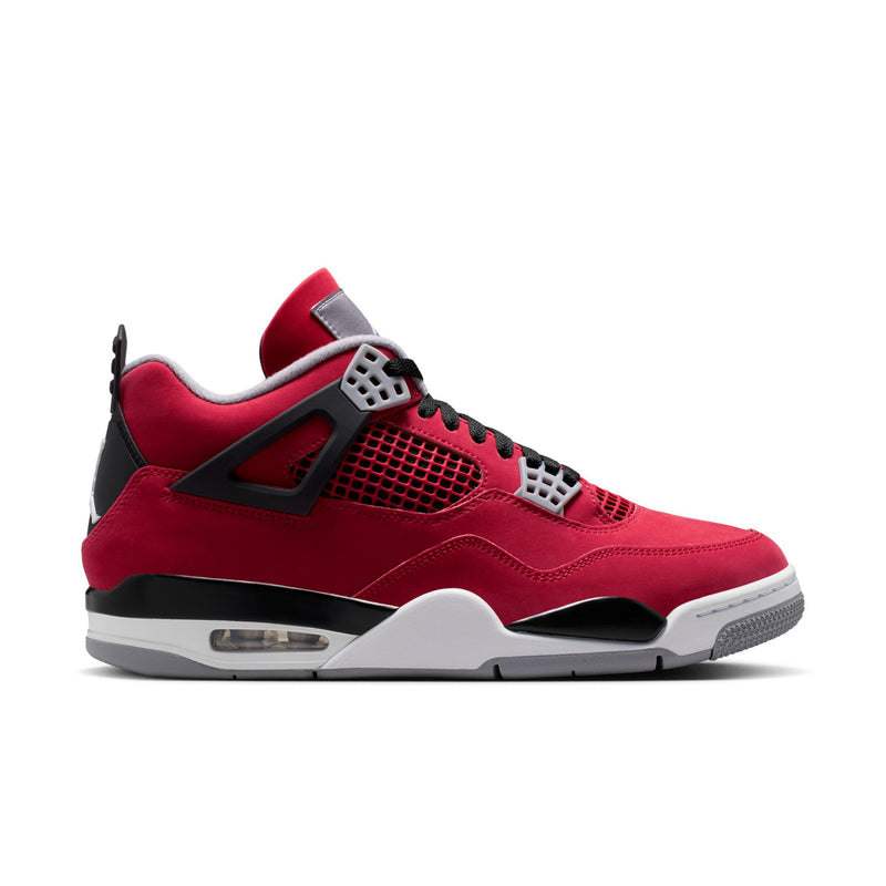Men's Retro 4 sneakers in red suede with black accents, mesh panel, and white midsole.