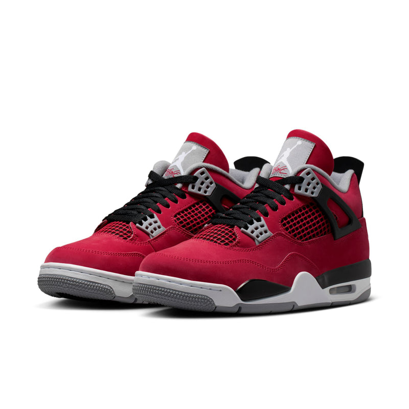 Pair of Men's Retro 4 sneakers, red with black laces and paneling, white midsole.