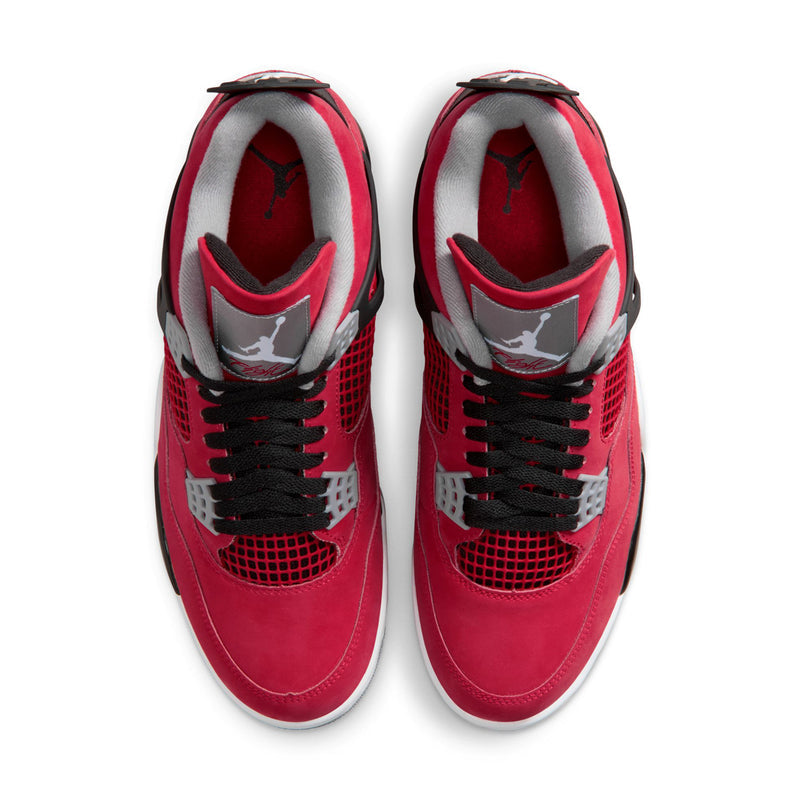 Men's Retro 4 sneakers showing red uppers, black laces, and white lining inside heel.