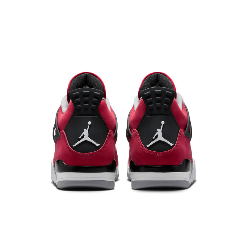 Men's Retro 4 sneakers heel view: red uppers, black rear tabs, white midsoles.