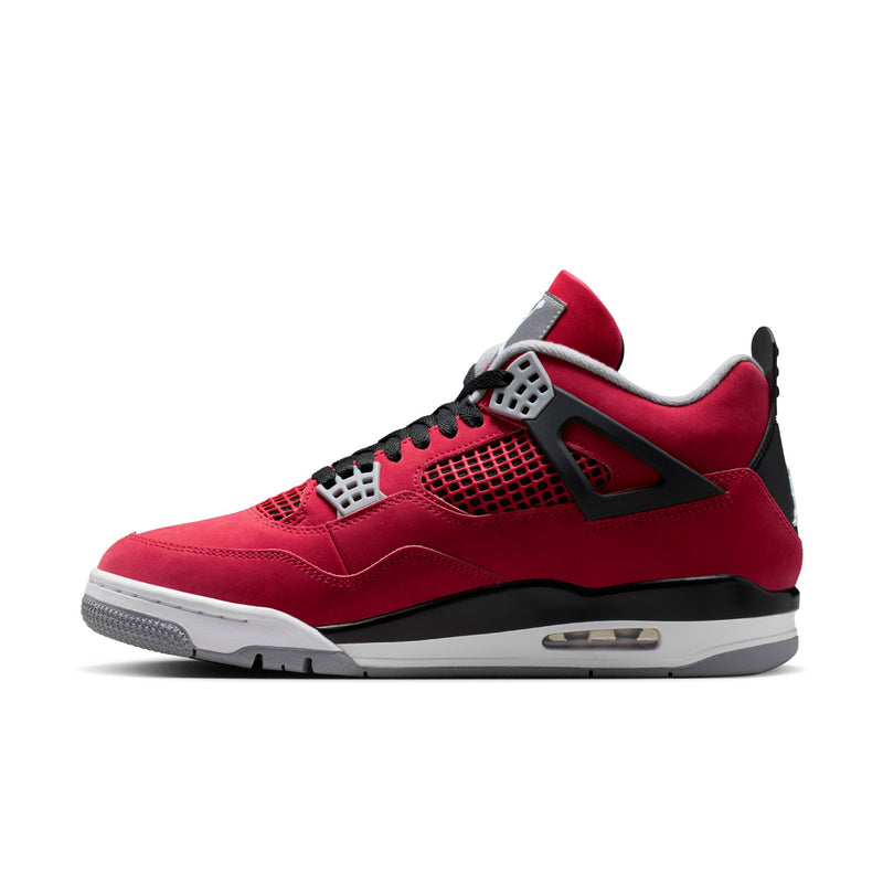 Men's Retro 4 sneaker side view: red suede, black lace, gray-and-white midsole.