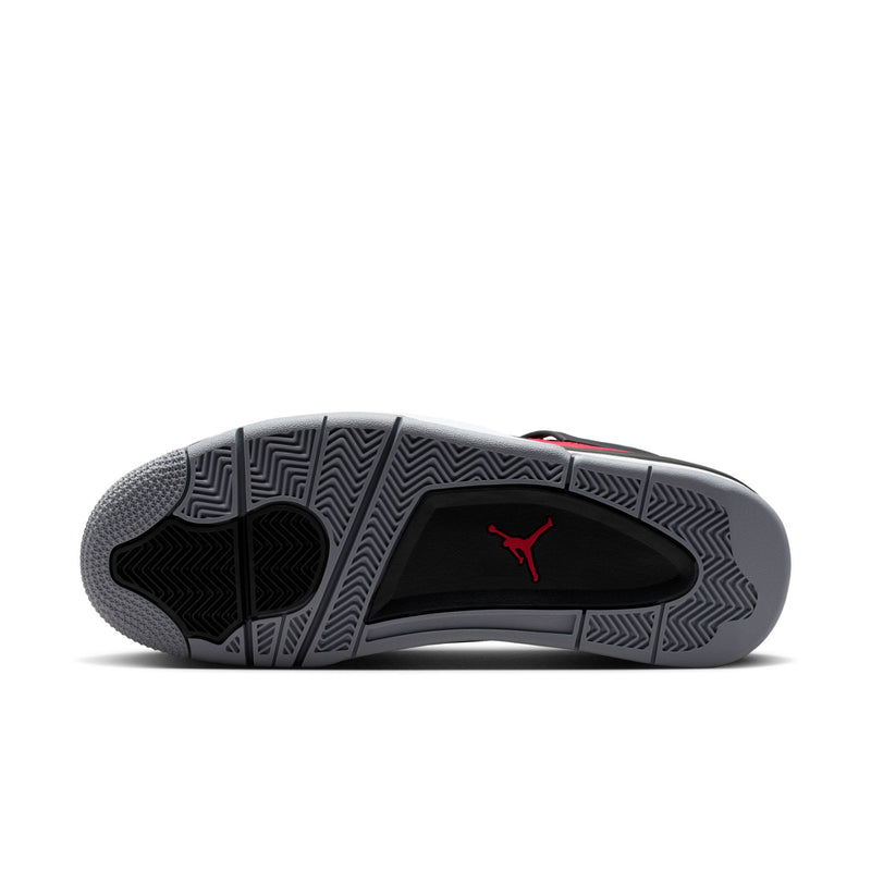 Men's Retro 4 outsole with textured tread and red Jumpman logo on gray rubber.
