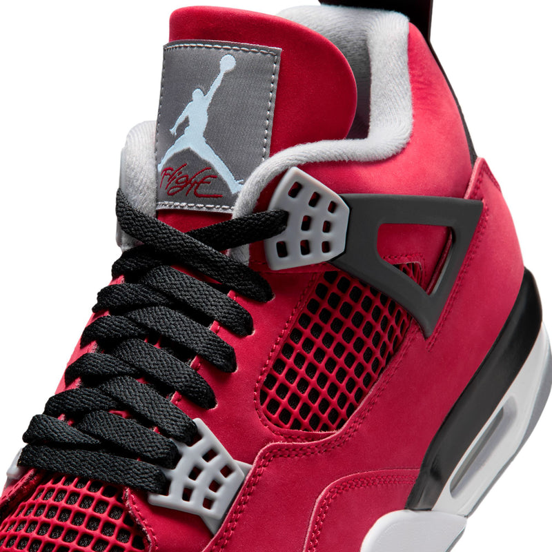Men's Retro 4 tongue and collar patch: red fabric, white lining, and black laces.