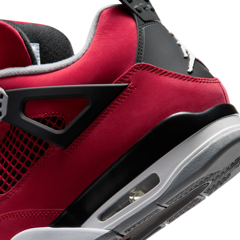 Men's Retro 4 side close-up: red suede, black overlay, and air-window in white midsole.