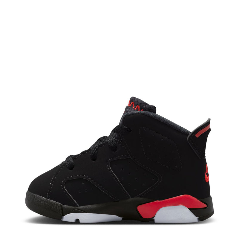 Black toddler high-top sneakers with red heel and side accents