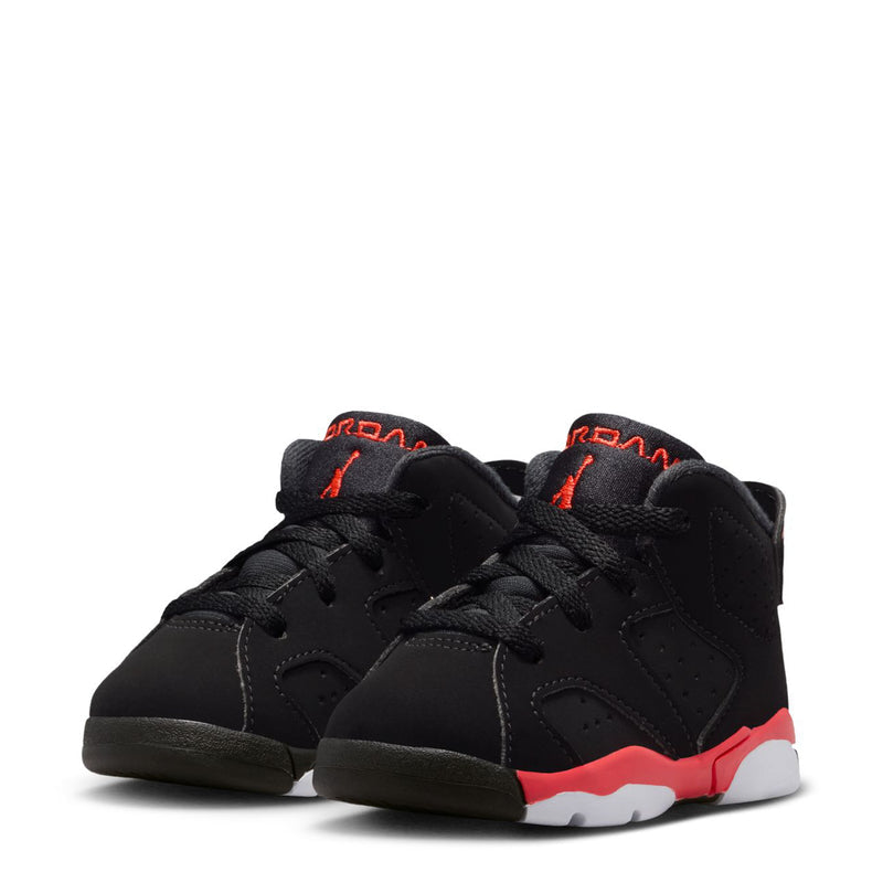 Black toddler high-top sneakers with red-and-white midsole and lace-up front