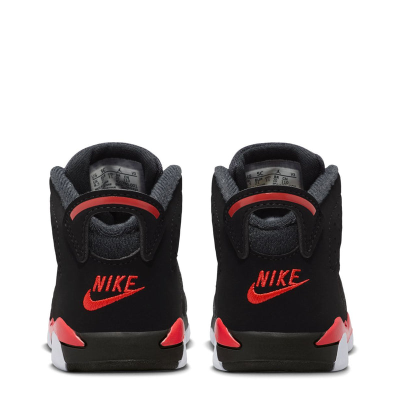 Black toddler high-top sneakers with Nike-style logo on heel and red details