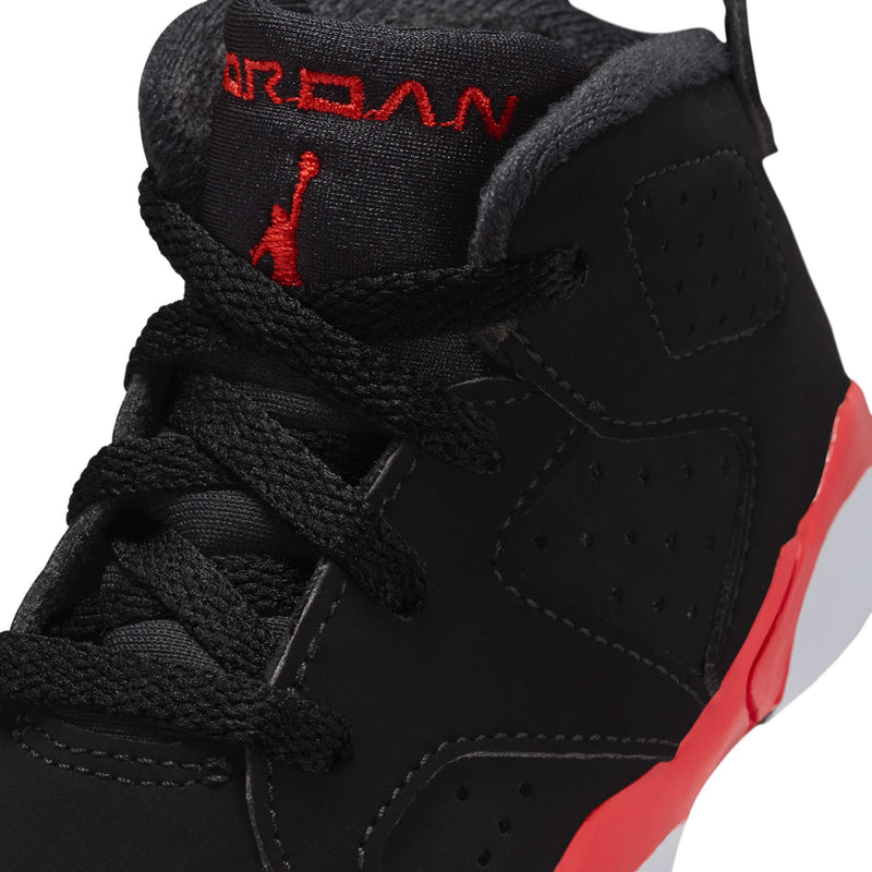 Black toddler high-top upper with red Jumpman-style logo and textured paneling