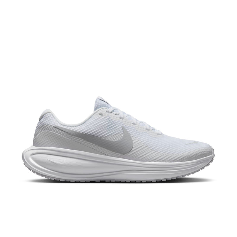 Women’s white knit running shoes with light-blue heel lining and lace-up closure
