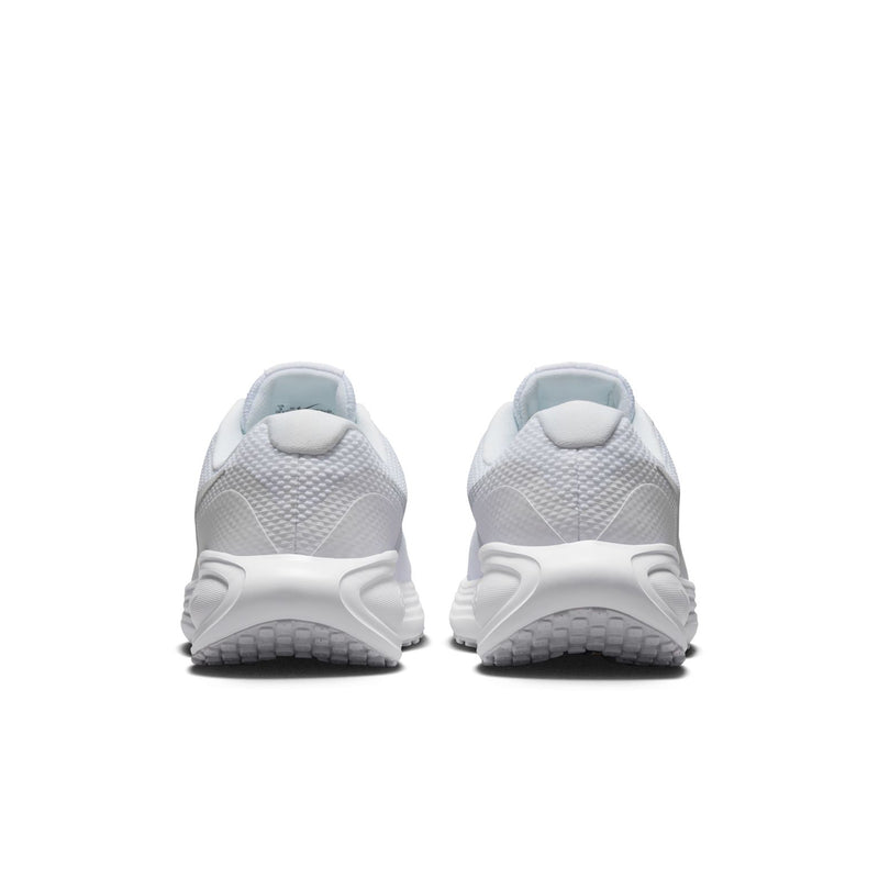 White running shoes from heel view with padded collar and textured rubber outsole
