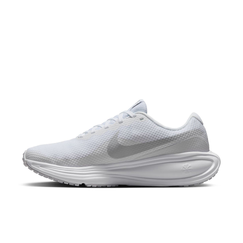 White mesh running shoe with low-profile sole and light-blue accent at heel