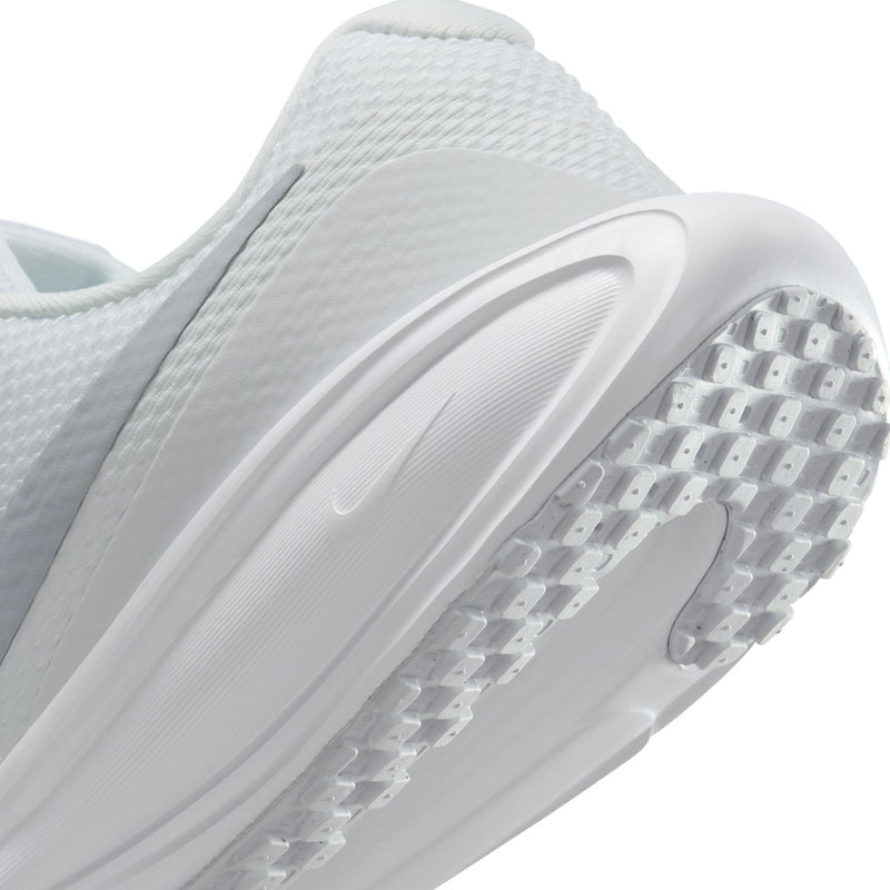 White side profile of knit running shoe with sculpted sole and traction tread