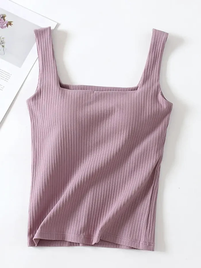 Ribbed Square Neck Sleeveless Tank Top