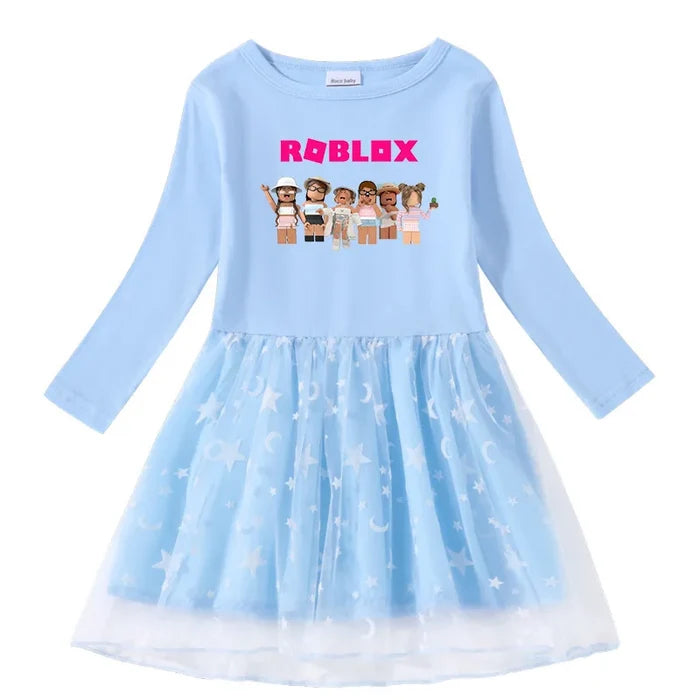 Roblox Princess Dress for Girls – Long Sleeve Cotton Mesh Star & Moon Outfit for Birthdays & Dress-Up