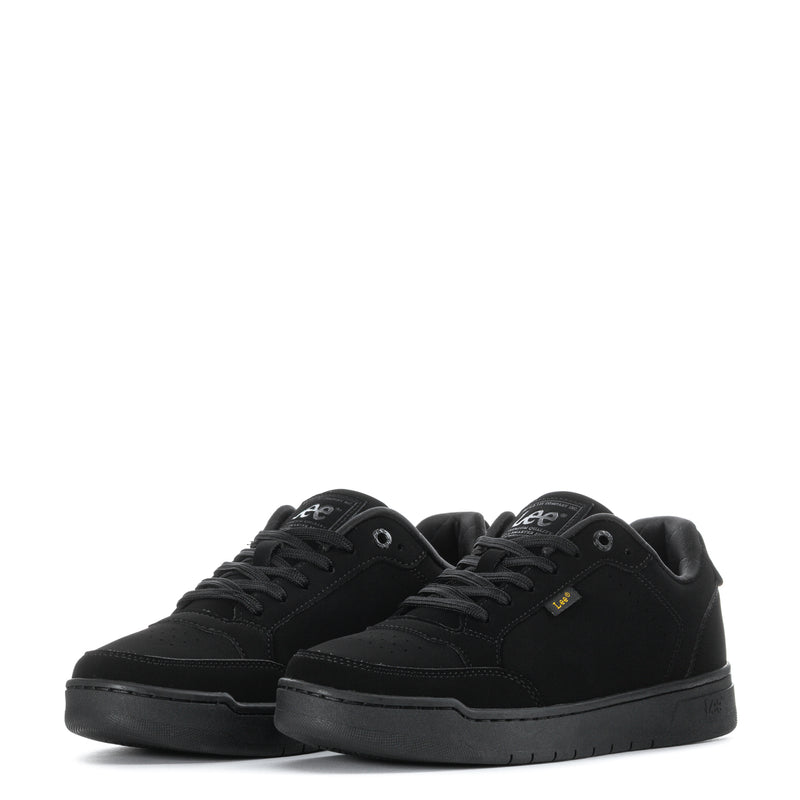 Pair of black lace-up sneakers, front view
