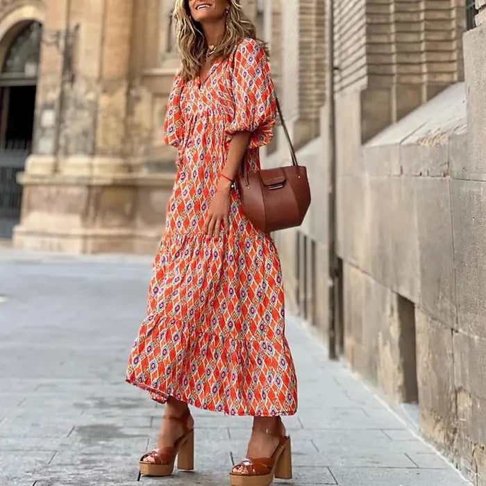 Round Neck Lantern Sleeve Printed Dress