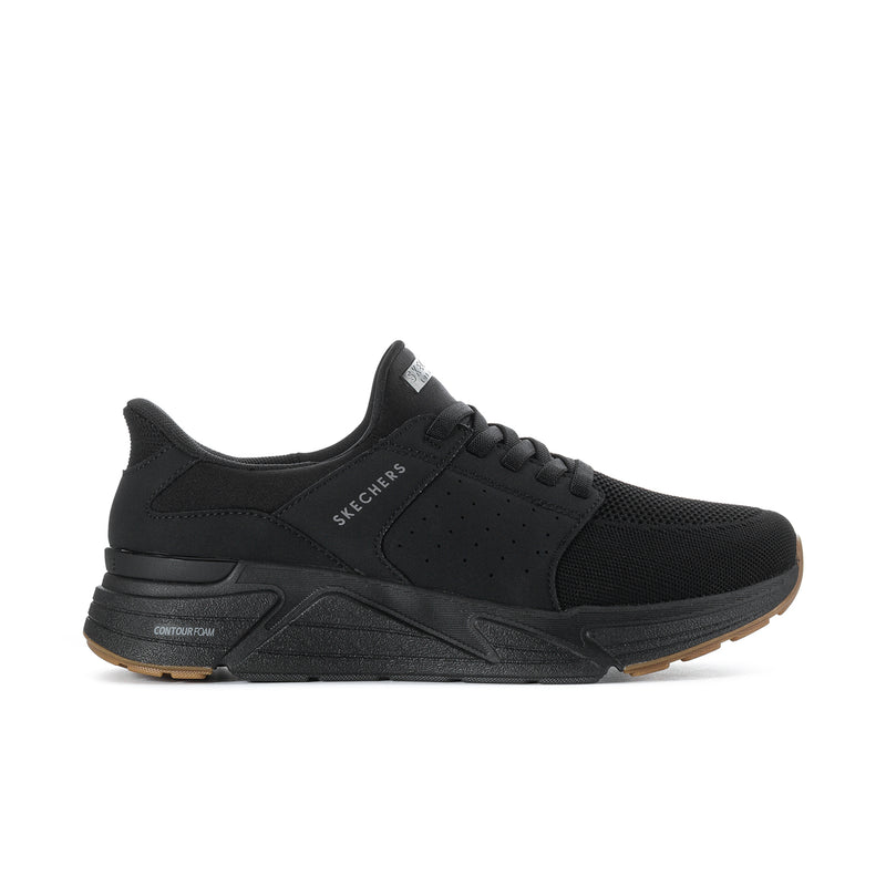 Men's black wide-fit sneaker with knit upper, cushioned sole, SKECHERS branding