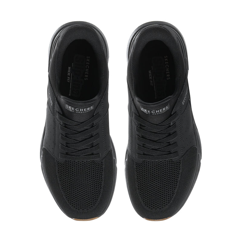 Men's black wide-fit sneaker with lace-up design and mesh toe texture, SKECHERS