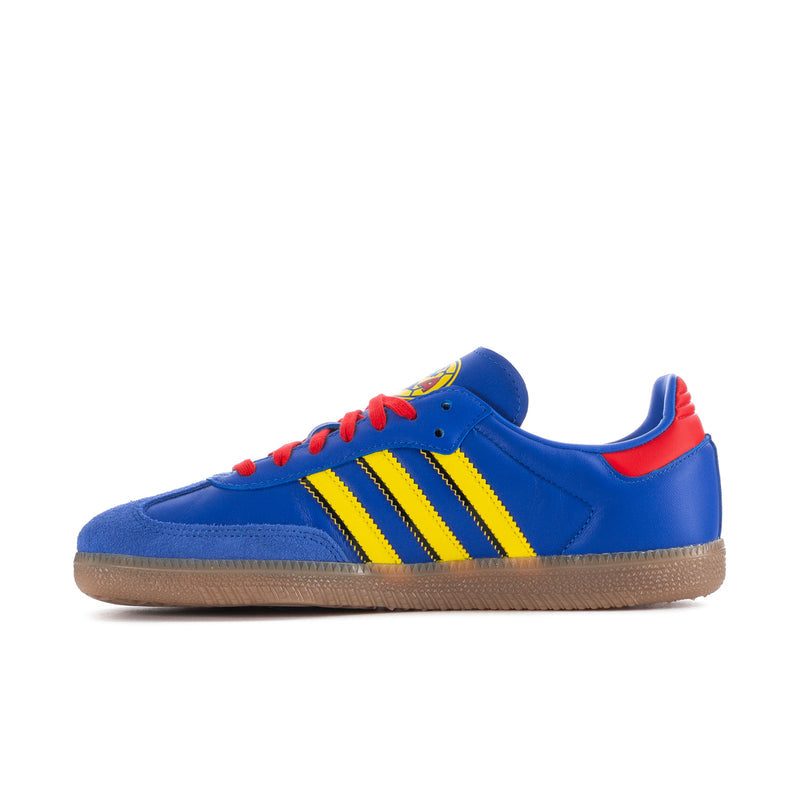 Men's blue low-top sneakers with red collar, yellow triple stripes and red laces