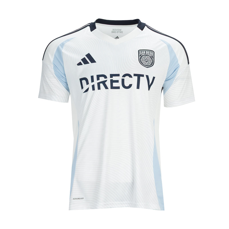 Men's replica away soccer jersey, core white with light blue side stripes