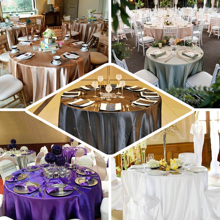 Elegant table settings with various tablecloth colors for events and celebrations.