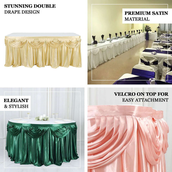 Elegant satin tablecloths with stunning double drape design in various colors.