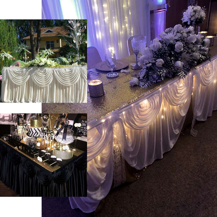 Elegant table decorations with draped fabric and lights for special events.