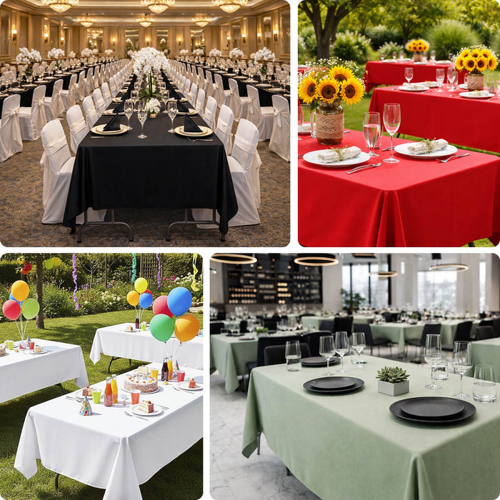 Variety of table settings with different colored tablecloths for events