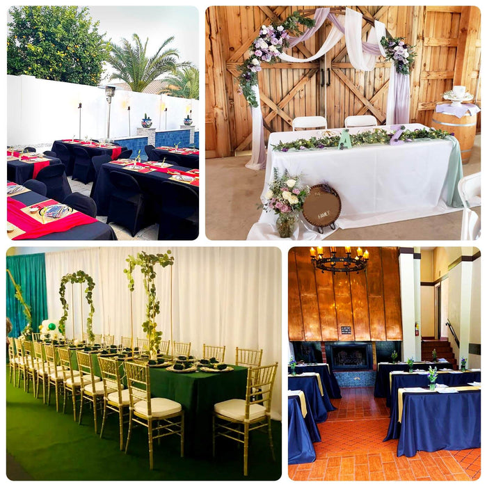 Elegant event setup with decorated tables, floral arrangements, and rustic decor.