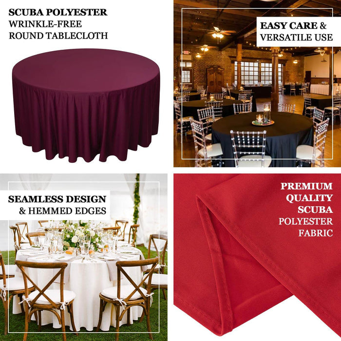 Scuba polyester round tablecloth in burgundy for versatile use and easy care.