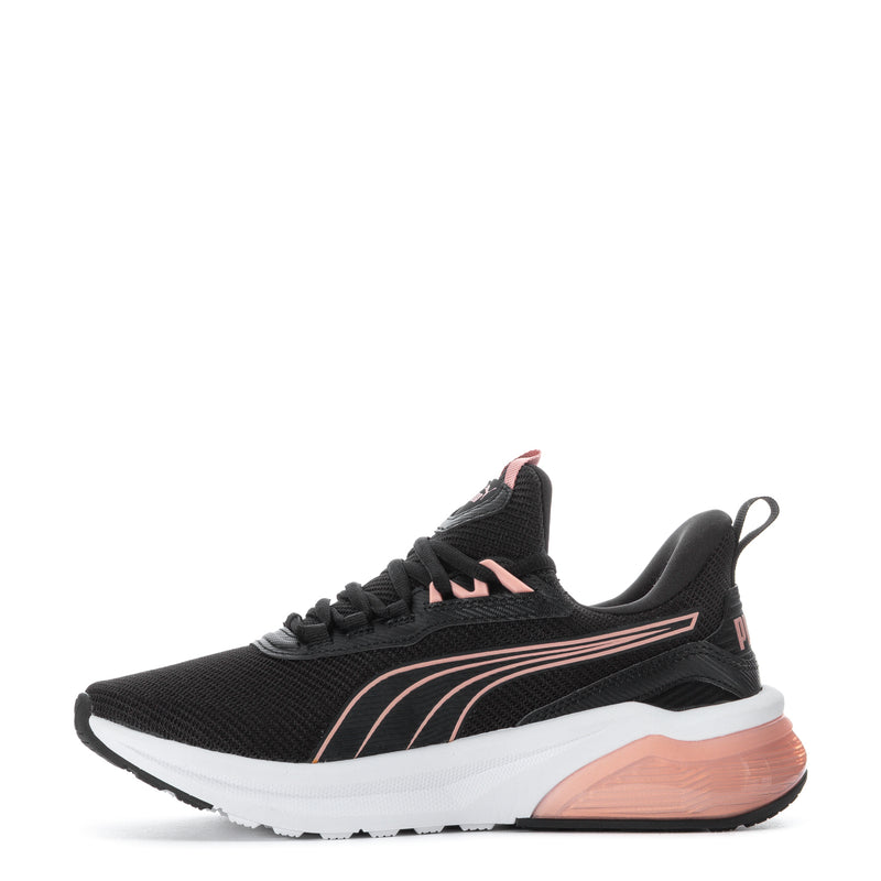 Women's black running sneaker side view, pink stripe detail, lace-up, white and tan sole.