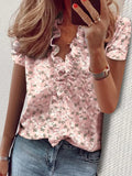 Short Sleeves Printed Falbala V-Neck Blouses  3/4 sleeve
