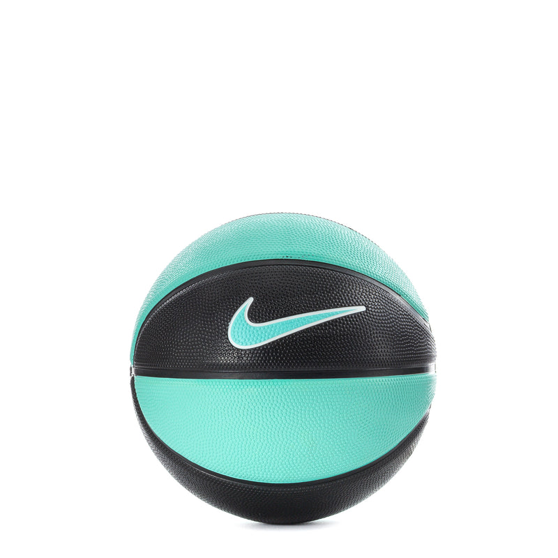 Mini basketball with black and turquoise panels, white Nike swoosh logo