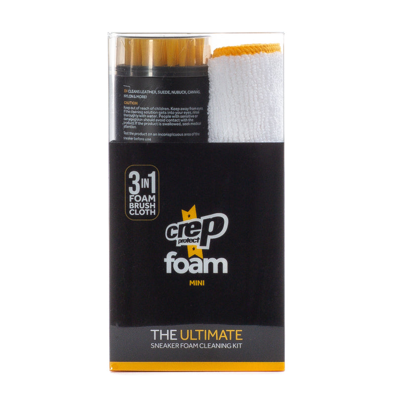 Sneaker foam mini cleaner kit with foaming brush and microfiber cloth, 3-in-1.